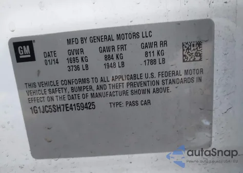 2014 Chevrolet Sonic Lt Auto из США, поврежденный, VIN 1G1JC5SH7E4159425